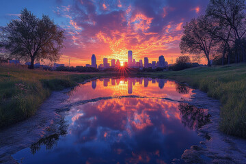 Wall Mural - Sunset reflection over a city skyline near a tranquil creek with vibrant colors and clouds