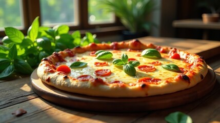 Wall Mural - A delicious, freshly baked pizza with melted cheese, ripe tomatoes, and fragrant basil, presented on a rustic wooden board, bathed in warm, inviting sunlight.