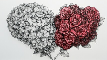 Wall Mural - a romantic pencil sketch of pink hydrangeas and red roses forming a heart, with intricate floral det