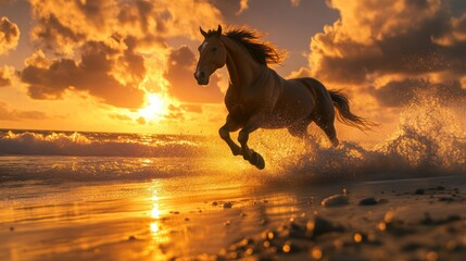 Wall Mural - Horse galloping beach sunset ocean waves freedom