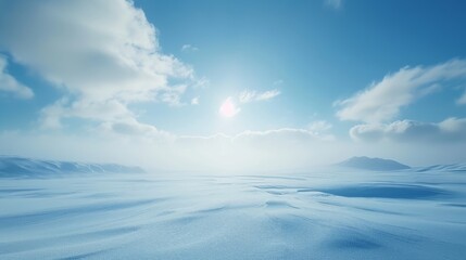 Poster - A breathtaking view of a wide, snow covered expanse stretching into the distance, illuminated by the bright midday sun and soft clouds scattered across the sky.