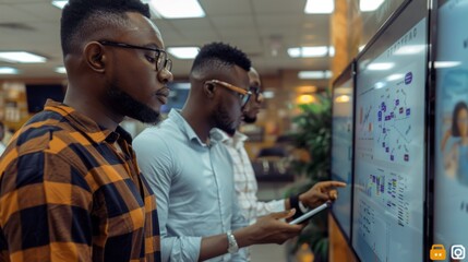 Leinwandbilder - Three men wearing stylish attire are focused on a large digital screen filled with charts and graphs in a contemporary workspace, engaged in data analysis and discussion.
