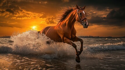 Wall Mural - Chestnut horse galloping ocean sunset; dramatic coastal scene