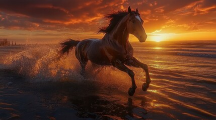 Wall Mural - Horse galloping ocean sunset beach freedom (1)