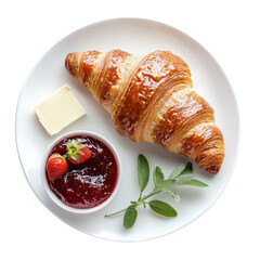 Wall Mural - Freshly baked croissant with butter and strawberry jam on white plate, garnished with fresh strawberries and sage leaves, perfect for breakfast or brunch