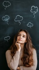 Poster - Female student leaning against chalkboard, surrounded by thought bubbles, contemplating complex problem with pensive expression in slow motion sequence