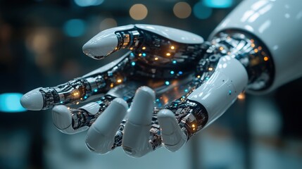 Poster - Close-Up of a Futuristic Robotic Hand with Bright LED Lights