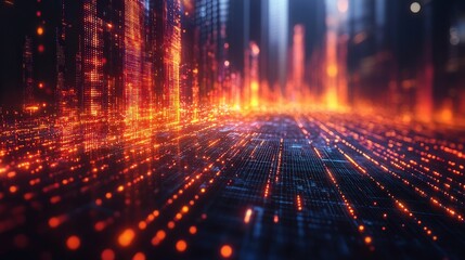 Fototapete - Digital City Skyline with Bright Lights and Data Flowing Effect