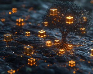 Poster - surreal blockchain tree with glowing data cubes symbolizing decentralized innovation