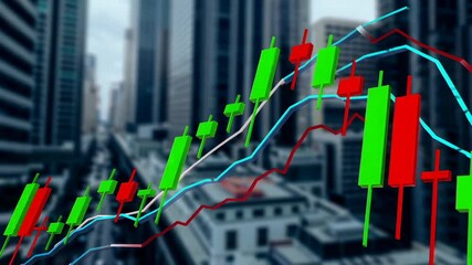 Aufkleber - Glowing candlestick chart revealing financial growth dynamics with rising green and red indicators against blurred urban skyline backdrop, symbolizing market performance and investment potential