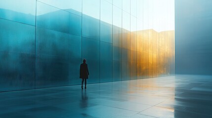 Poster - Person Walking Alone in a Modern Urban Setting with Glass Walls