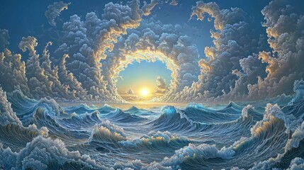 Poster - Crystal-clear seamless cloud waves, intricate formations under golden sunlight reflections.