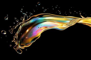 a dynamic splash of iridescent motor oil frozen in midair with rainbow reflections and metallic sheen against pure black background photorealistic rendering