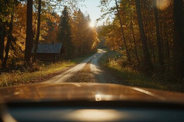 Poster - Driving on a country road in autumn, passing by a wooden cabin at sunset