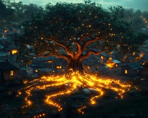 Poster - Glowing Tree of Knowledge Illuminating an Impoverished Neighborhood Symbolizing Growth through Education