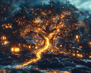Poster - Glowing Tree of Knowledge Illuminating an Impoverished Neighborhood Symbolizing Growth through Education