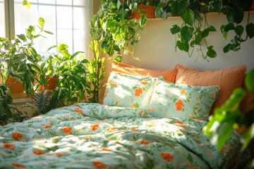 Canvas Print - Cozy bedroom with vibrant floral bedding and lush green plants enhancing natural light