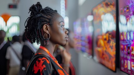 Poster - A young woman admires colorful digital artwork on display during an art exhibition, surrounded by other attendees engaged in exploration and appreciation.