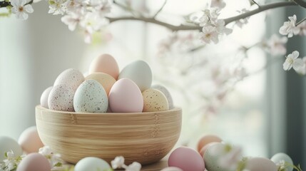 Wall Mural - Colorful Easter Eggs Nestled in a Decorative Wooden Bowl