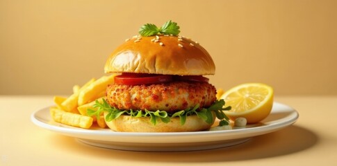 Wall Mural - A delectable breaded patty burger served on a sesame seed bun, accompanied by golden french fries and a zesty lemon wedge, all presented on a pristine white plate.