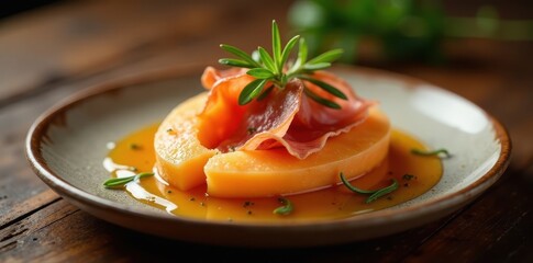 Wall Mural - Sweet Melon Dish with Cured Ham and Herb Garnish on a Rustic Plate