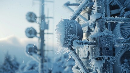Poster - Icy structures of a communication tower are covered in frost against a cold blue backdrop, highlighting the abundance of ice in a wintery mountainous area.