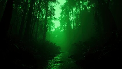 Wall Mural - Forest path with dark green glow, stream flowing. Tranquil, mysterious nature scene