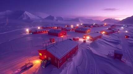Poster - The twilight sky casts a soft glow over a remote research settlement surrounded by snow covered mountains. Warm lights illuminate red cabins, creating a serene winter atmosphere.