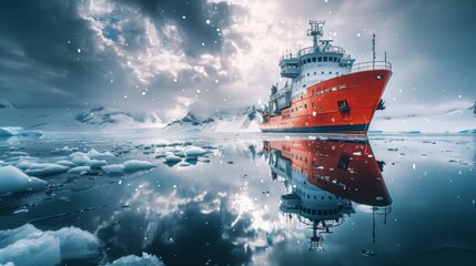 Poster - A bright red icebreaker ship is surrounded by icebergs and snow covered water, reflecting beautifully against a cloudy sky filled with snowflakes in a polar region.