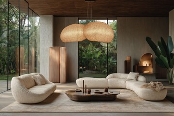 Poster - Modern living room design featuring organic shapes and natural lighting in a lush green setting