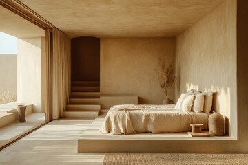 Poster - Cozy and minimalist bedroom design with natural light in a serene environment featuring earthy tones and textures