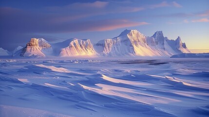 Poster - Brilliant sunlight washes over a vast icy landscape, illuminating towering glacial formations reflecting in tranquil frozen waters at dawn in an arctic wilderness.