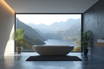 Leinwandbilder - Relaxing bath with stunning mountain lake view in modern bathroom setting at sunset