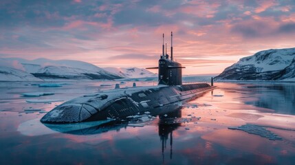 Poster - A submarine emerges from icy waters during dawn, reflecting vibrant colors of the sunrise. Snow capped mountains and drifting ice create a serene, chilly environment.