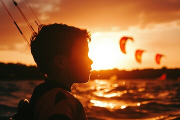 Sticker - Boy watching kitesurfing at sunset on the sea with a forest silhouette behind