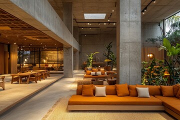 Cozy interior of a modern lounge with warm colors and greenery during the afternoon