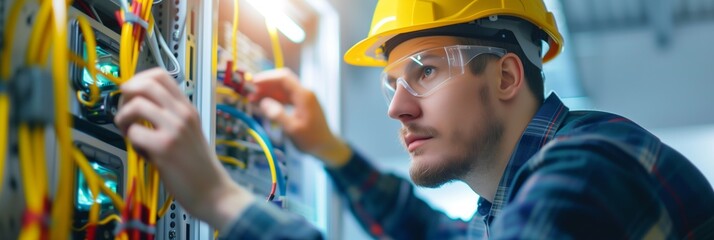 Wall Mural - electrician and engineer work on an electrical circuit with many cables for communication and data transfer