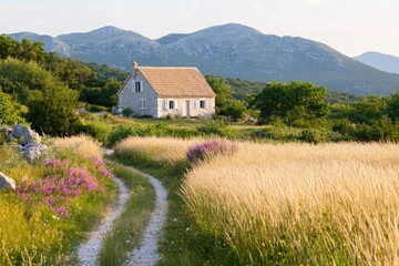 Wall Mural - Serene house nestled in a sunlit field, with mountains in the background. Travel