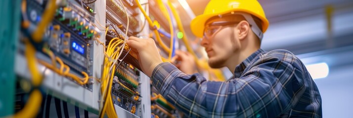 electrician and engineer work on an electrical circuit with many cables for communication and data transfer