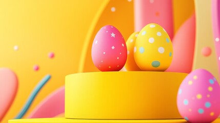 Wall Mural - Colorful Easter Eggs on Bright Yellow Stage, Festive Spring Decor