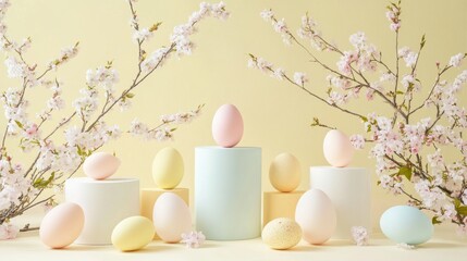 Wall Mural - Pastel Easter Eggs Surrounded by Beautiful Cherry Blossom Branches