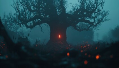 Wall Mural - Spooky gnarled tree glowing in the dark. Mysterious, eerie background for Halloween