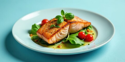 Wall Mural - Gourmet Pan-Seared Salmon Fillet with Fresh Herbs and Cherry Tomatoes on a Light Blue Plate