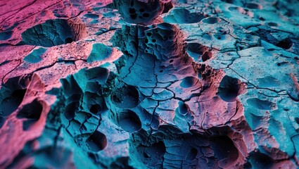 Poster - Abstract textured surface with cracks and holes in vibrant blue and pink colors suitable for background use Copy Space