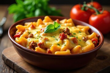 Wall Mural - Aromatic baked pasta dish with a creamy cheese topping and savory meat