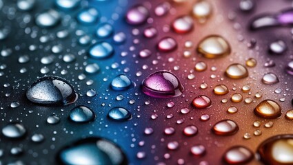 Poster - Close-up photo of colorful water droplets on a dark surface with blurred background and vibrant hues Copy Space