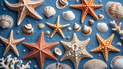 Poster - Colorful assortment of starfish and seashells arranged on blue background with natural textures and shapes Copy Space