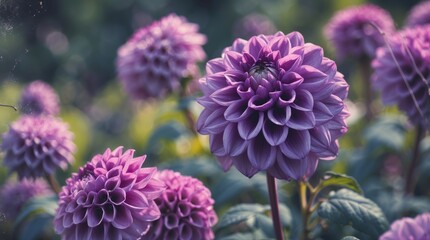 Poster - Purple dahlia flowers in a garden with soft sunlight creating a dreamy atmosphere and blurred background Copy Space