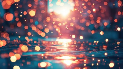 Aufkleber - Abstract blurred image of water surface with colorful bokeh lights and sun reflection background Copy Space