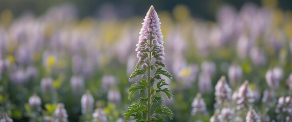 Poster - Close-up of a single blooming flower standing tall in a blurred field of flowers with soft pastel colors and a natural background Copy Space